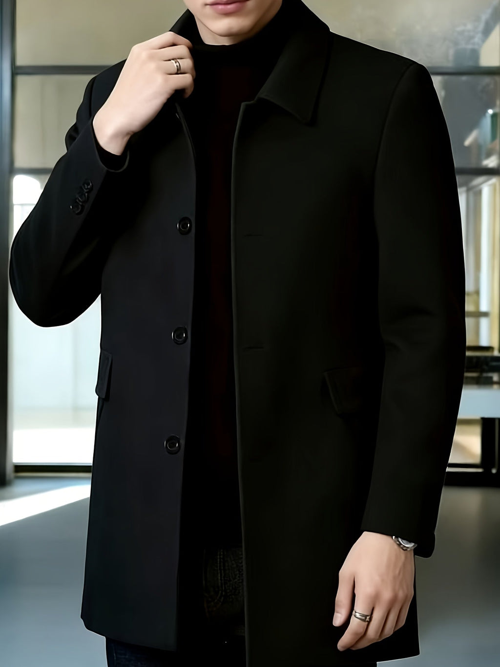 Men's Single-Breasted Refined Topcoat with Side Pockets