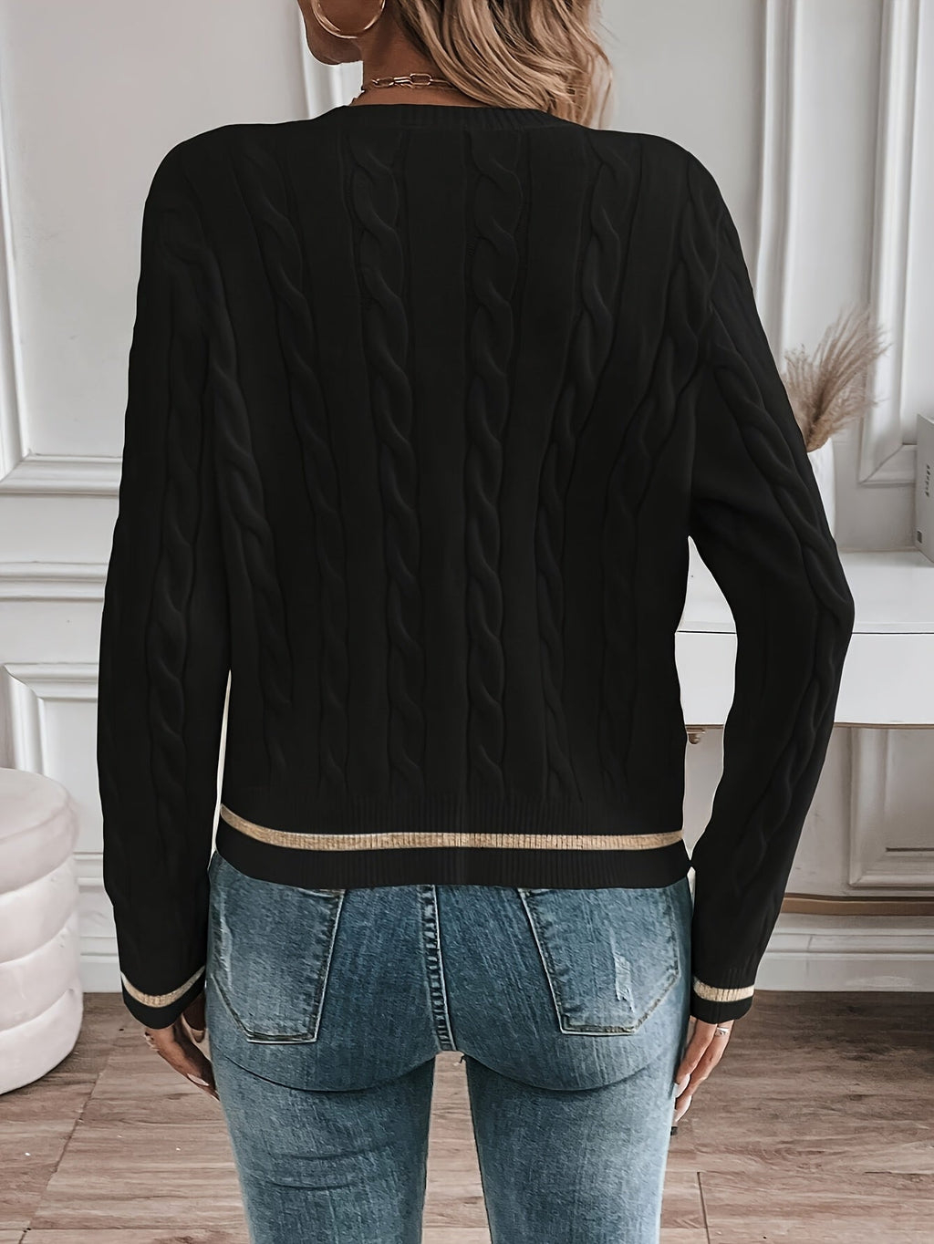 Women's Cable Knit Button-Up Cardigan with Polished Buttons