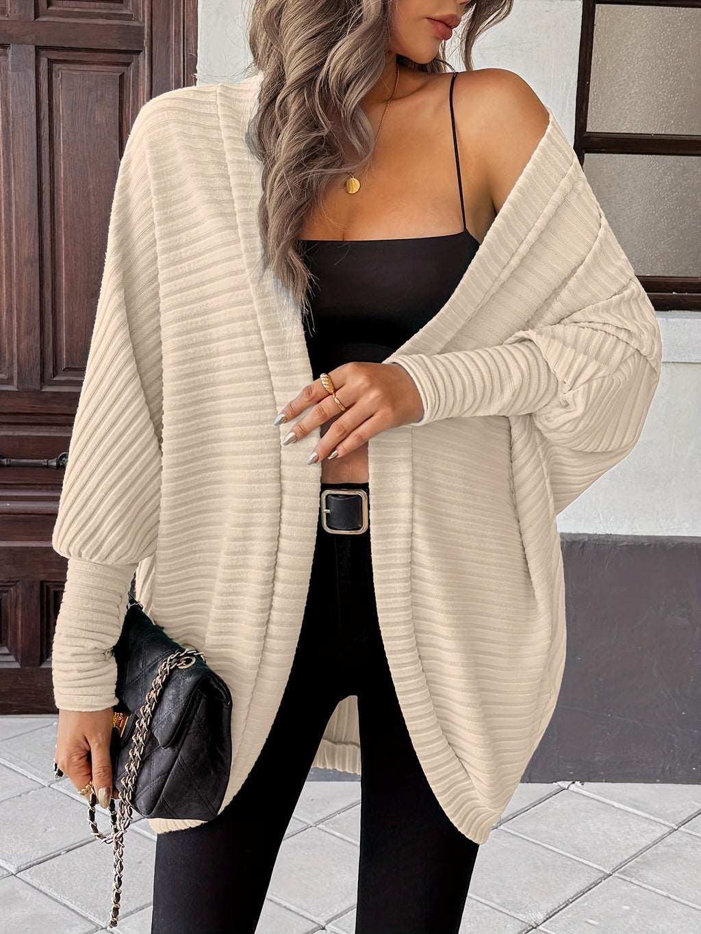 Women's Ribbed Draped Cardigan with Open Front