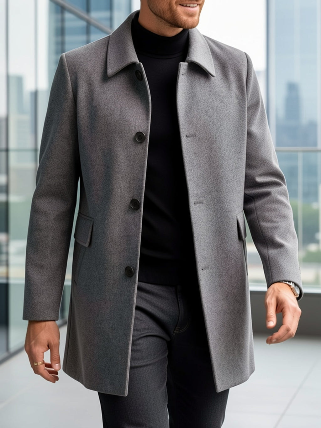 Men's Single-Breasted Refined Topcoat with Side Pockets