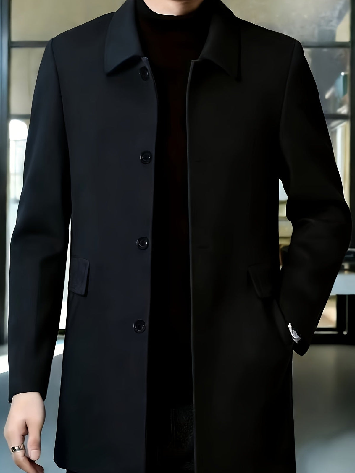 Men's Single-Breasted Refined Topcoat with Side Pockets