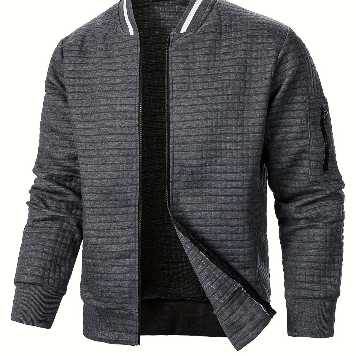 Men's Textured Stand Collar Zip Bomber Coat