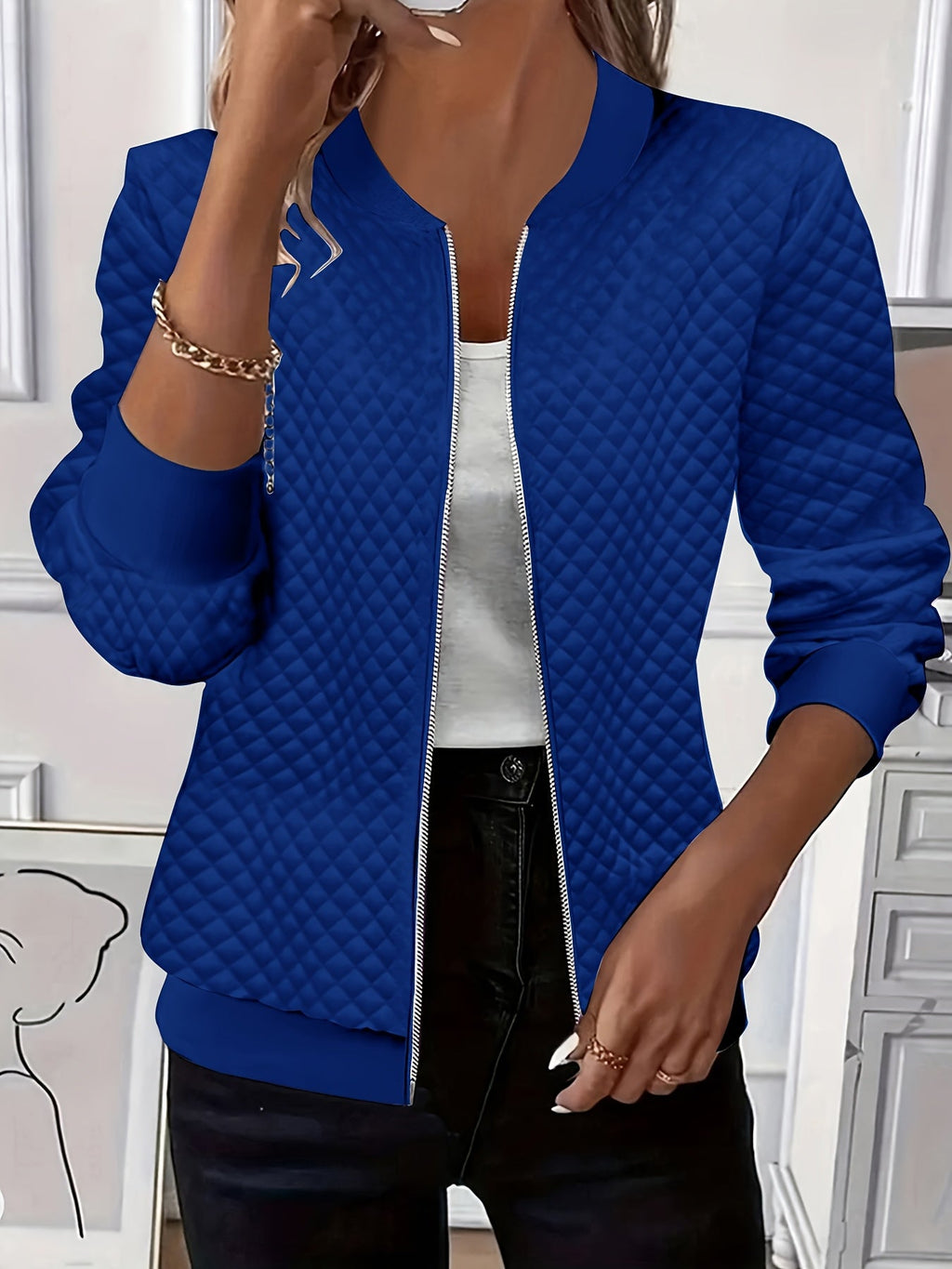 Women's Baseball Collar Diamond Texture Padded Jacket