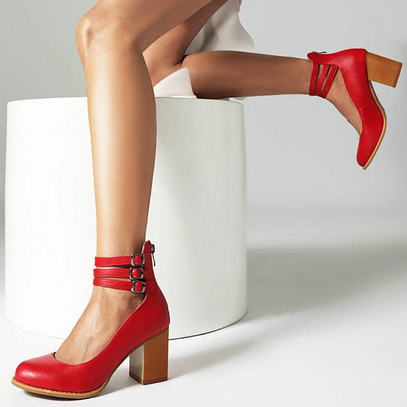 Women's Block Heel Booties with Three Buckle Straps