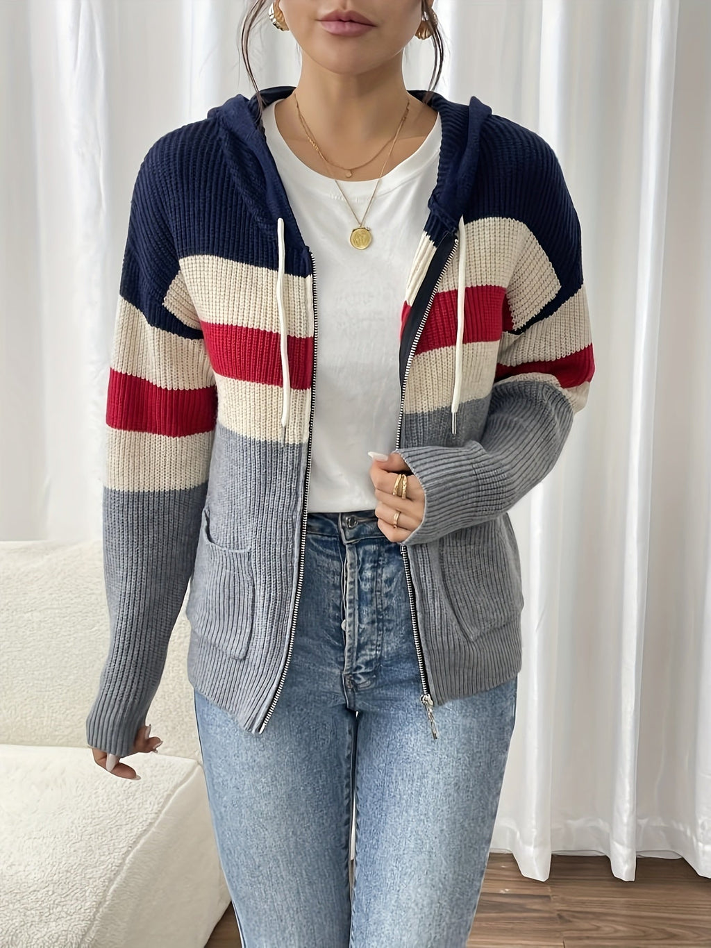 Women's Hooded Ribbed Knit Full-Zip Layering Cardigan