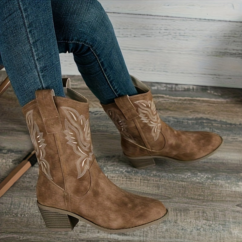 Women's Embroidered Mid-Calf Western Boots with Roomy Shaft