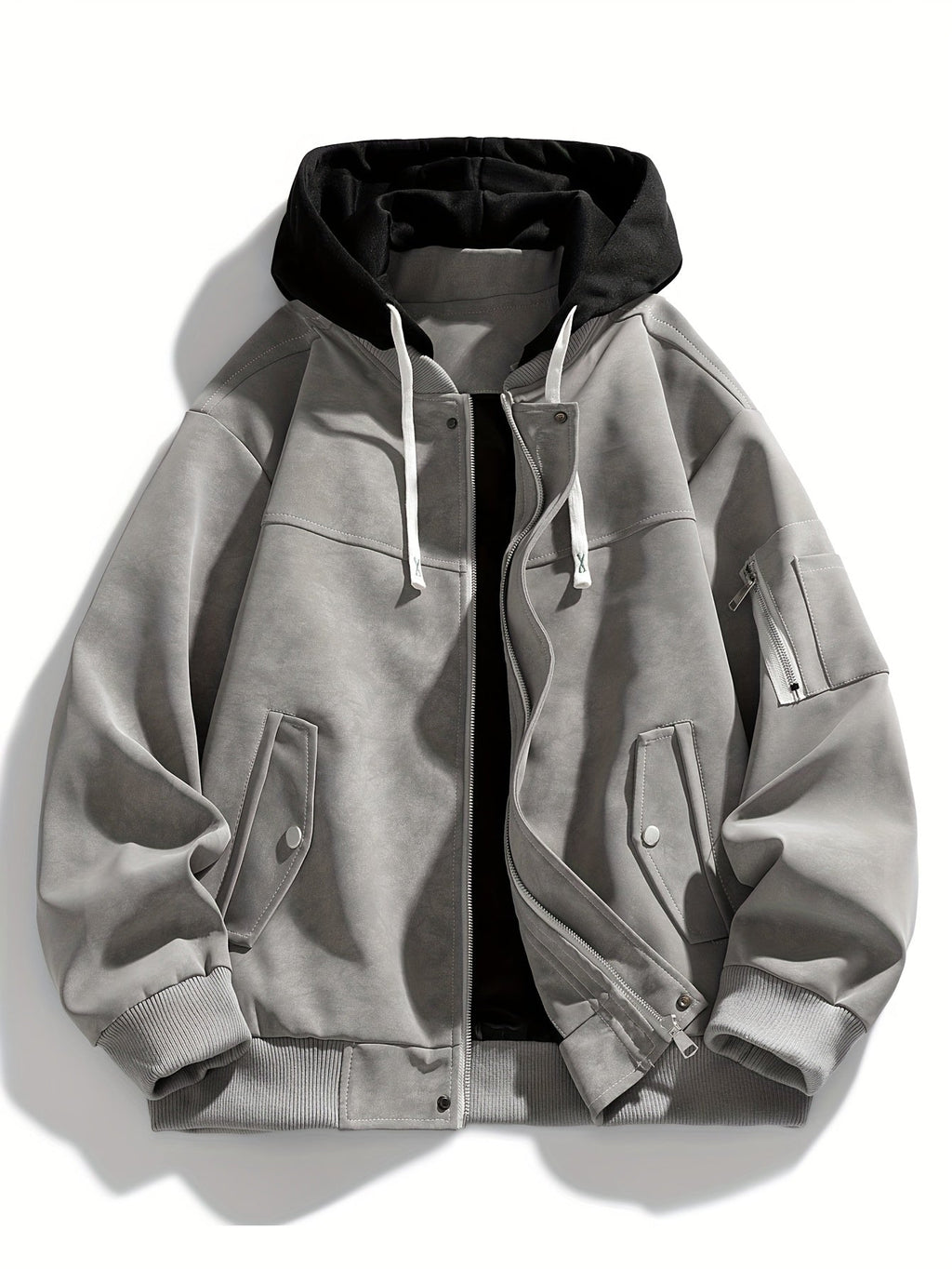 Men's Zip-Up Hooded Loose Fit Jacket with Sleeve Pocket