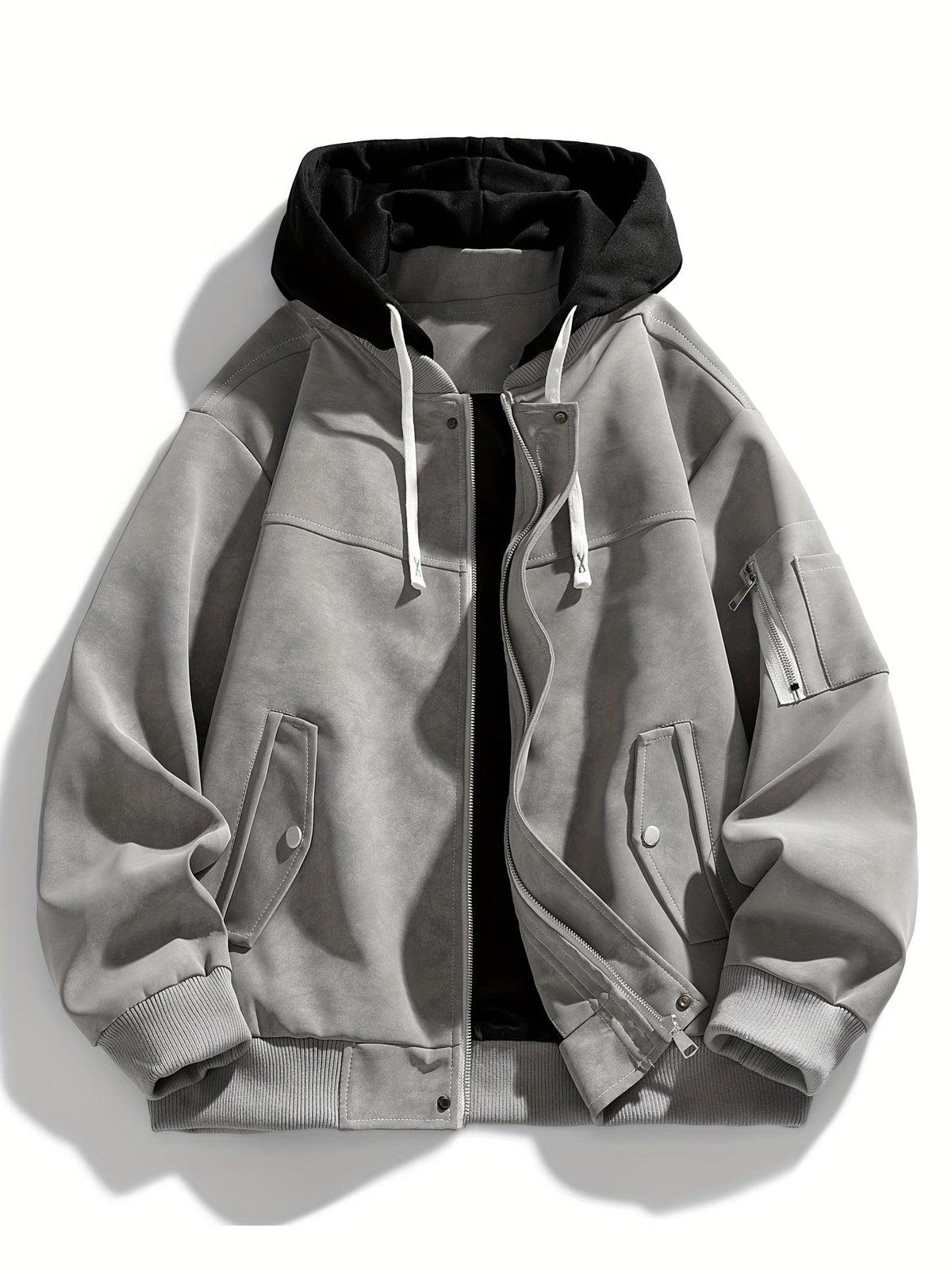 Men's Zip-Up Hooded Loose Fit Jacket with Sleeve Pocket