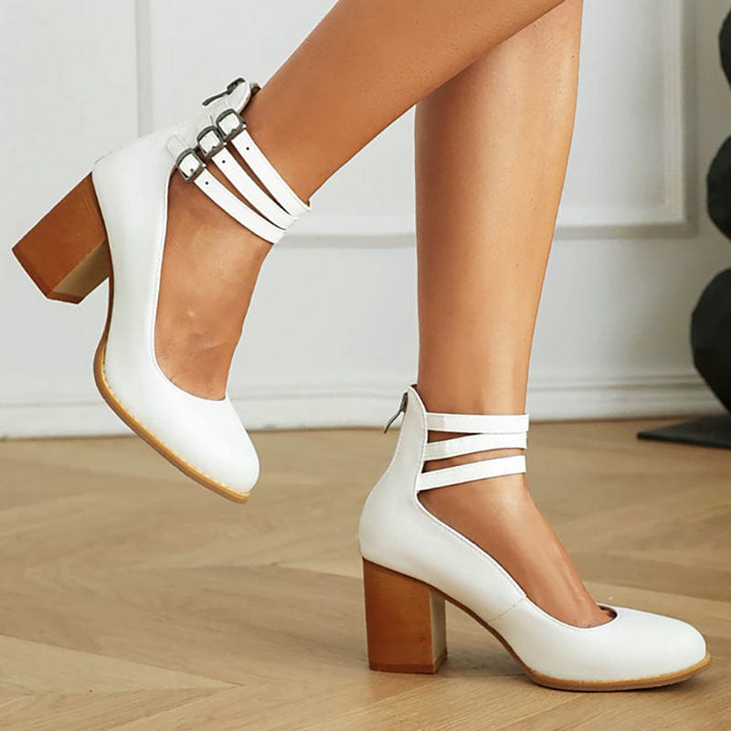 Women's Block Heel Booties with Three Buckle Straps