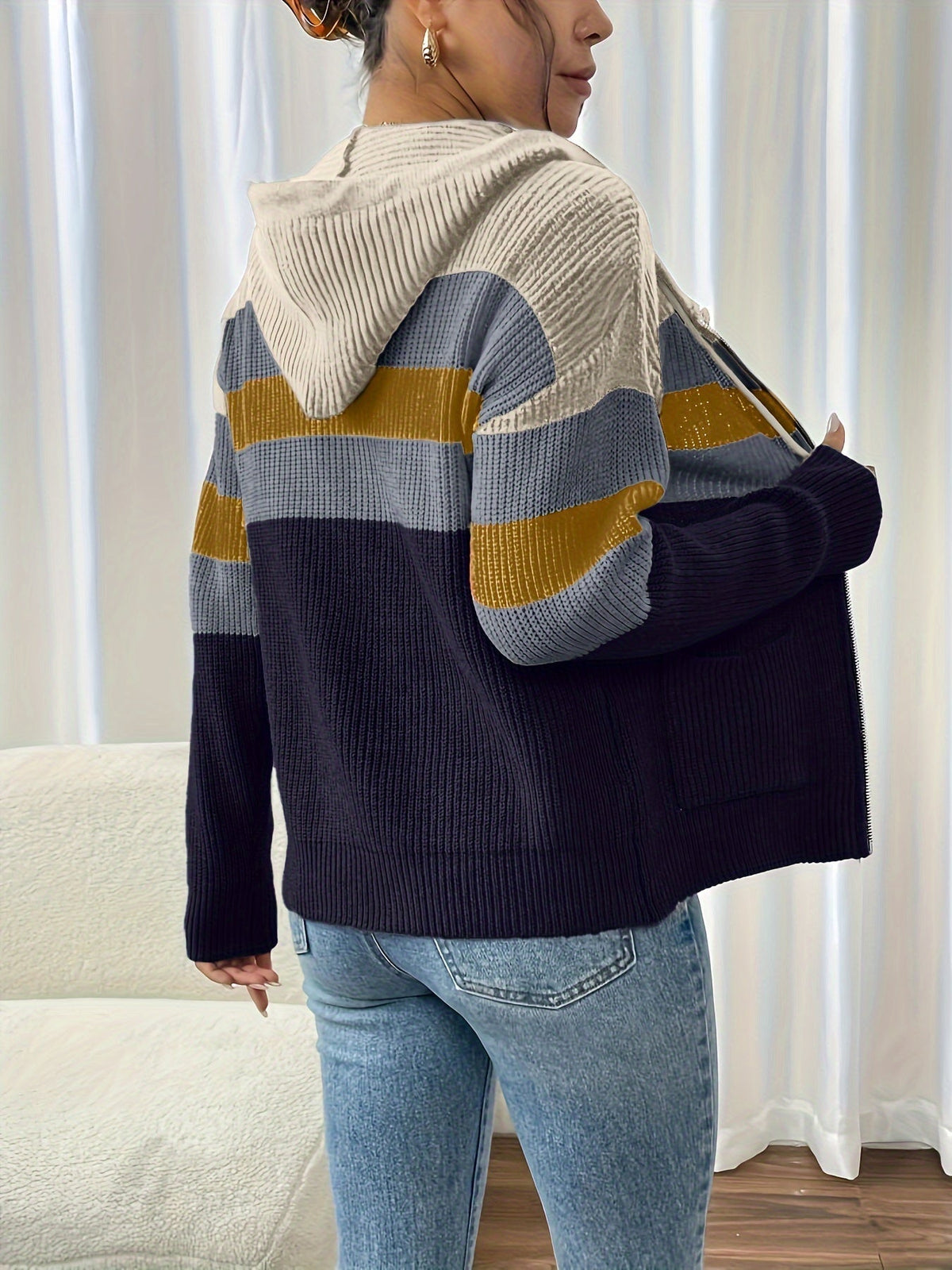 Women's Hooded Ribbed Knit Full-Zip Layering Cardigan