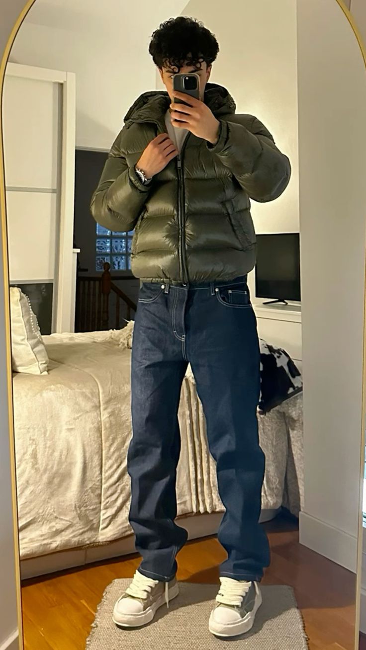 Men's Hooded Puffer Coat with Quilting and Sherpa Lining