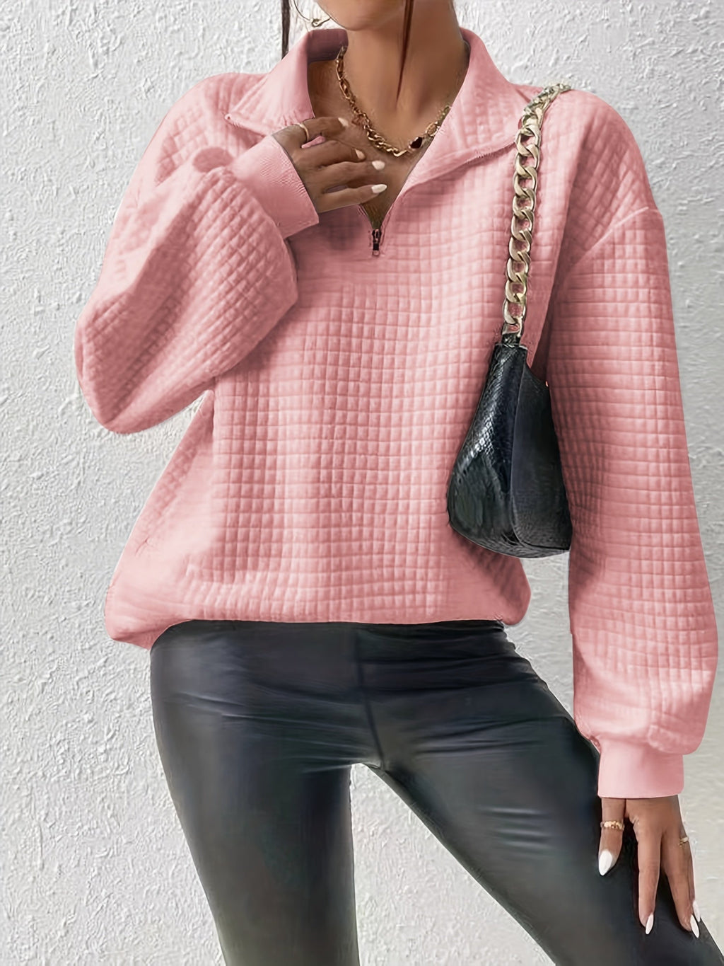Women's Stand-Neck Textured Knit Sweater with Half Zip