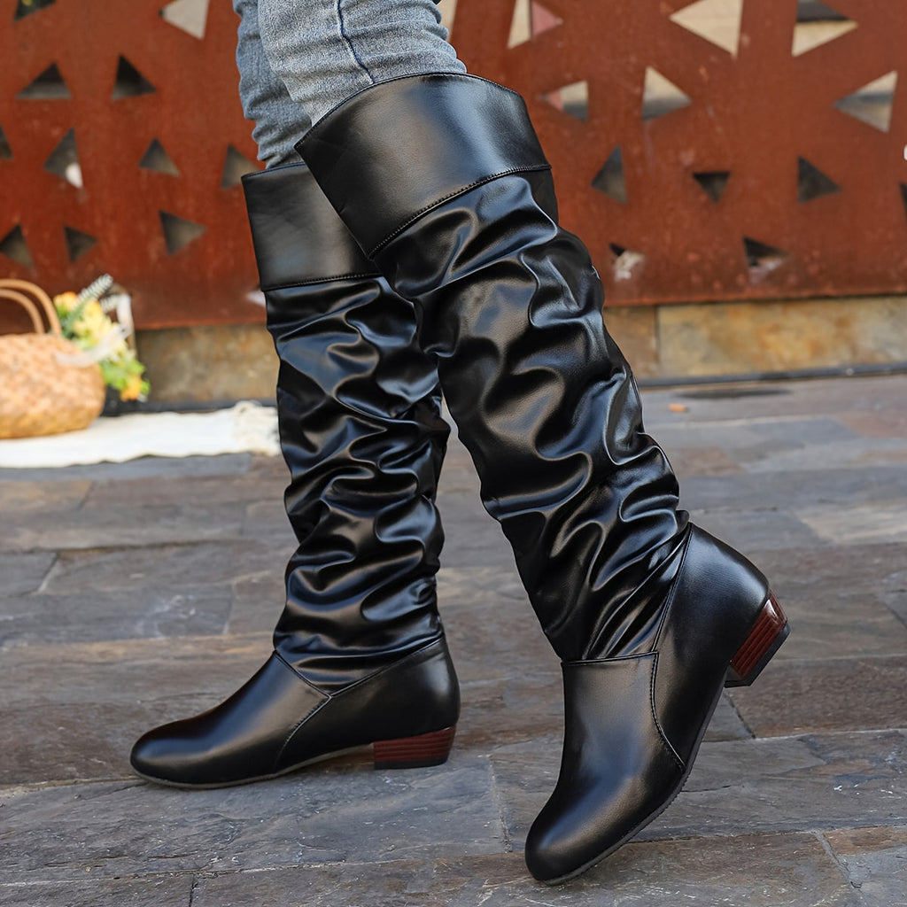 Women's Round Toe Low Heel Slouchy Tall Boots