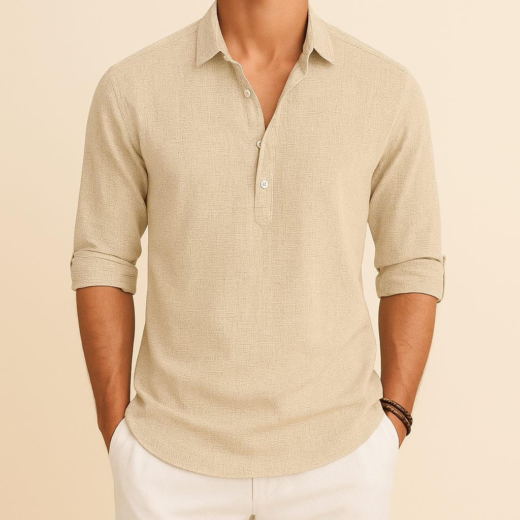 Men's Soft Textured Long Sleeved Button-Neck Polo
