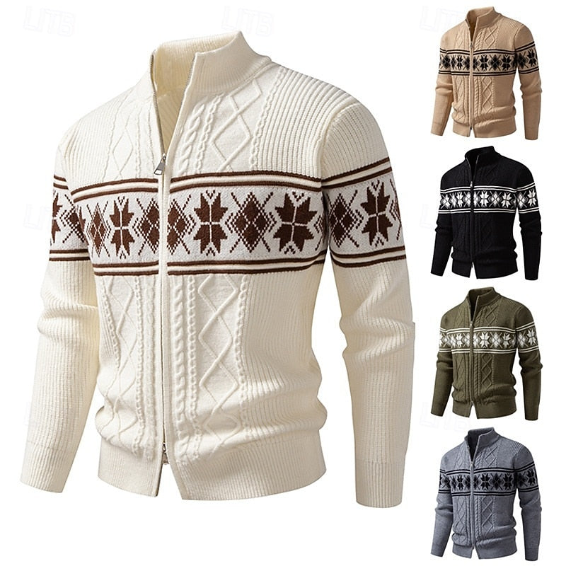 Men's Zip-Front Stand Collar Fair Isle Ribbed Cardigan
