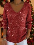 Women's Glitter V-Neck Holiday Pullover with Three-Quarter Sleeves