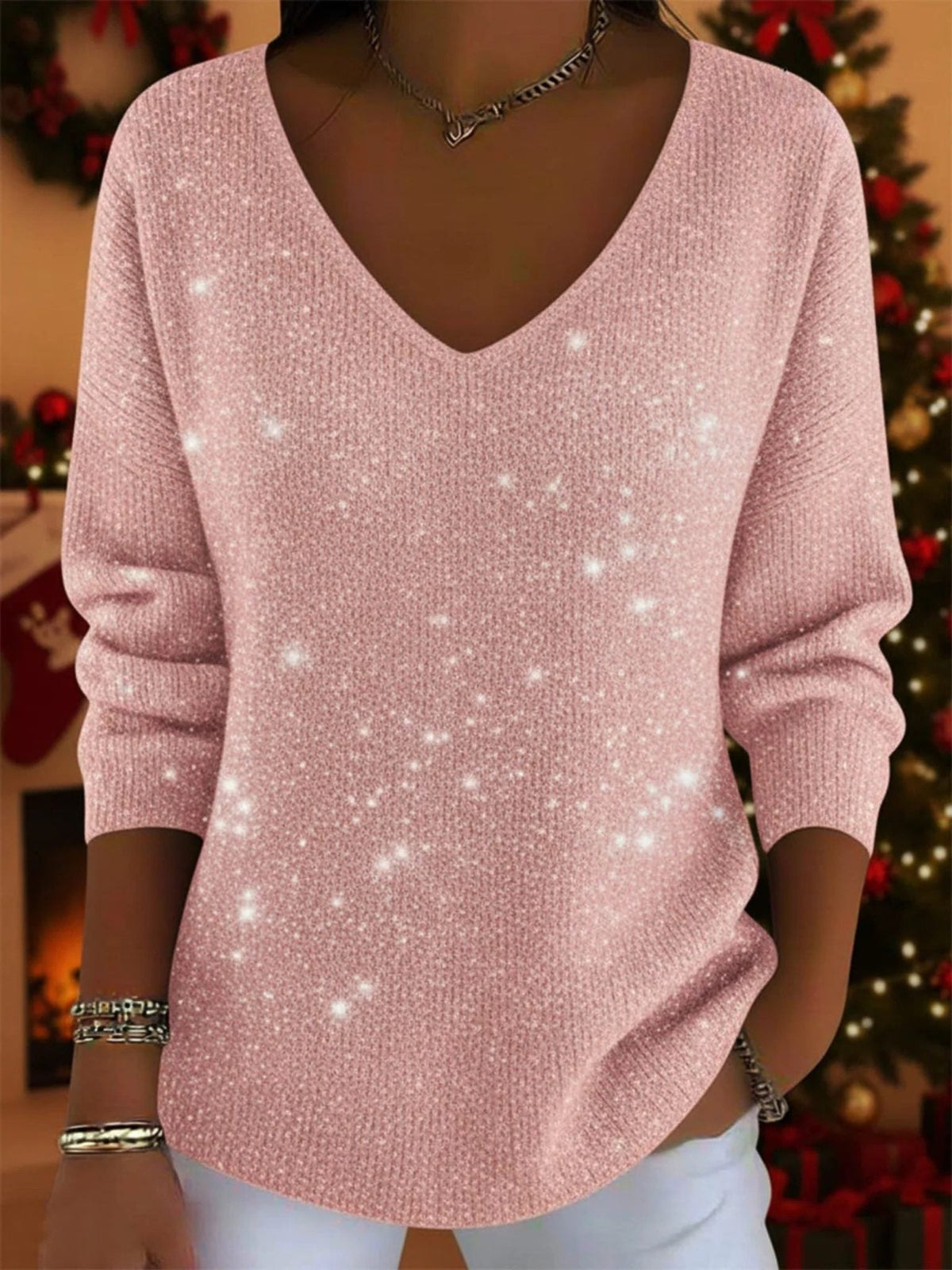 Women's Glitter V-Neck Holiday Pullover with Three-Quarter Sleeves