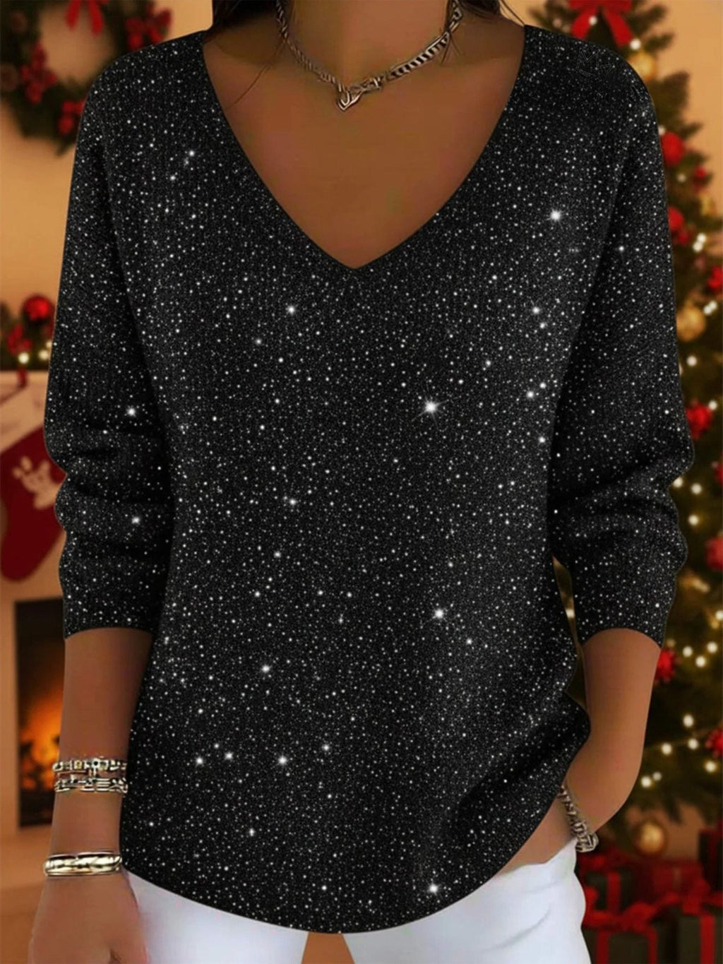 Women's Glitter V-Neck Holiday Pullover with Three-Quarter Sleeves