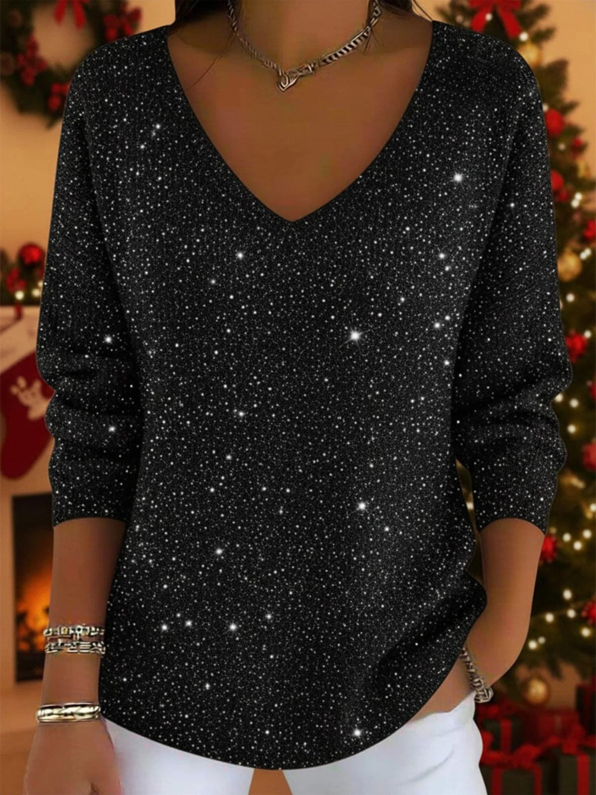 Women's Glitter V-Neck Holiday Pullover with Three-Quarter Sleeves