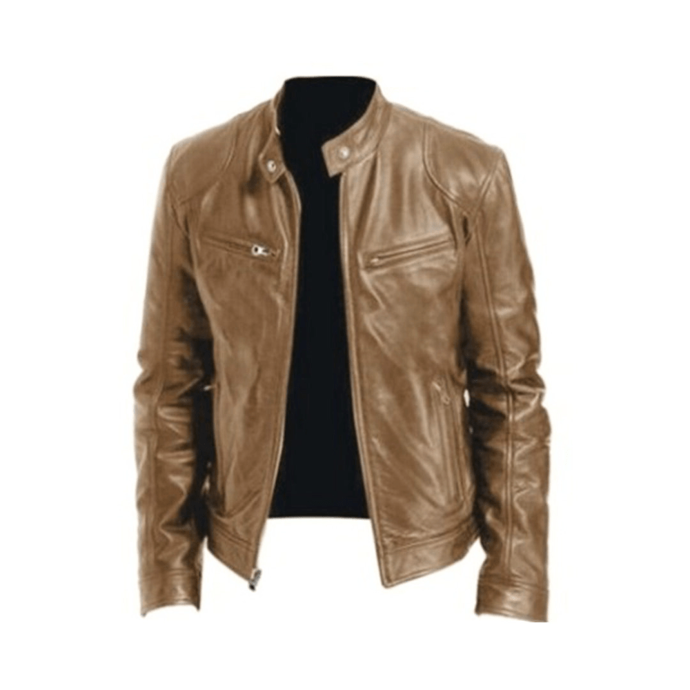 Men's Leather Racer Coat with Band Collar
