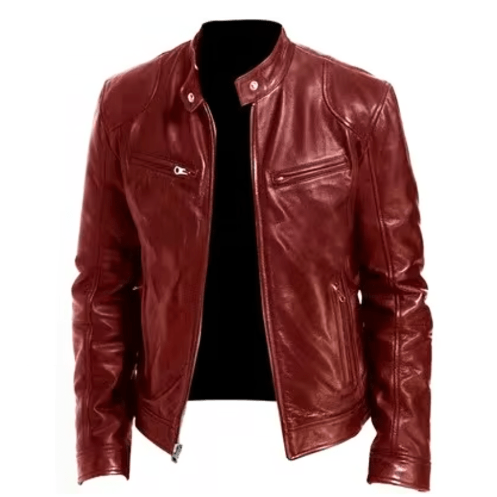 Men's Leather Racer Coat with Band Collar