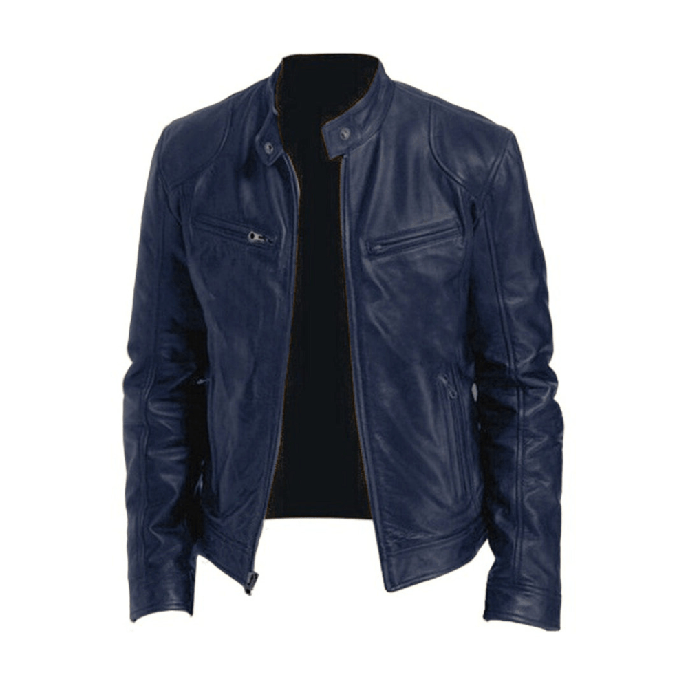 Men's Leather Racer Coat with Band Collar