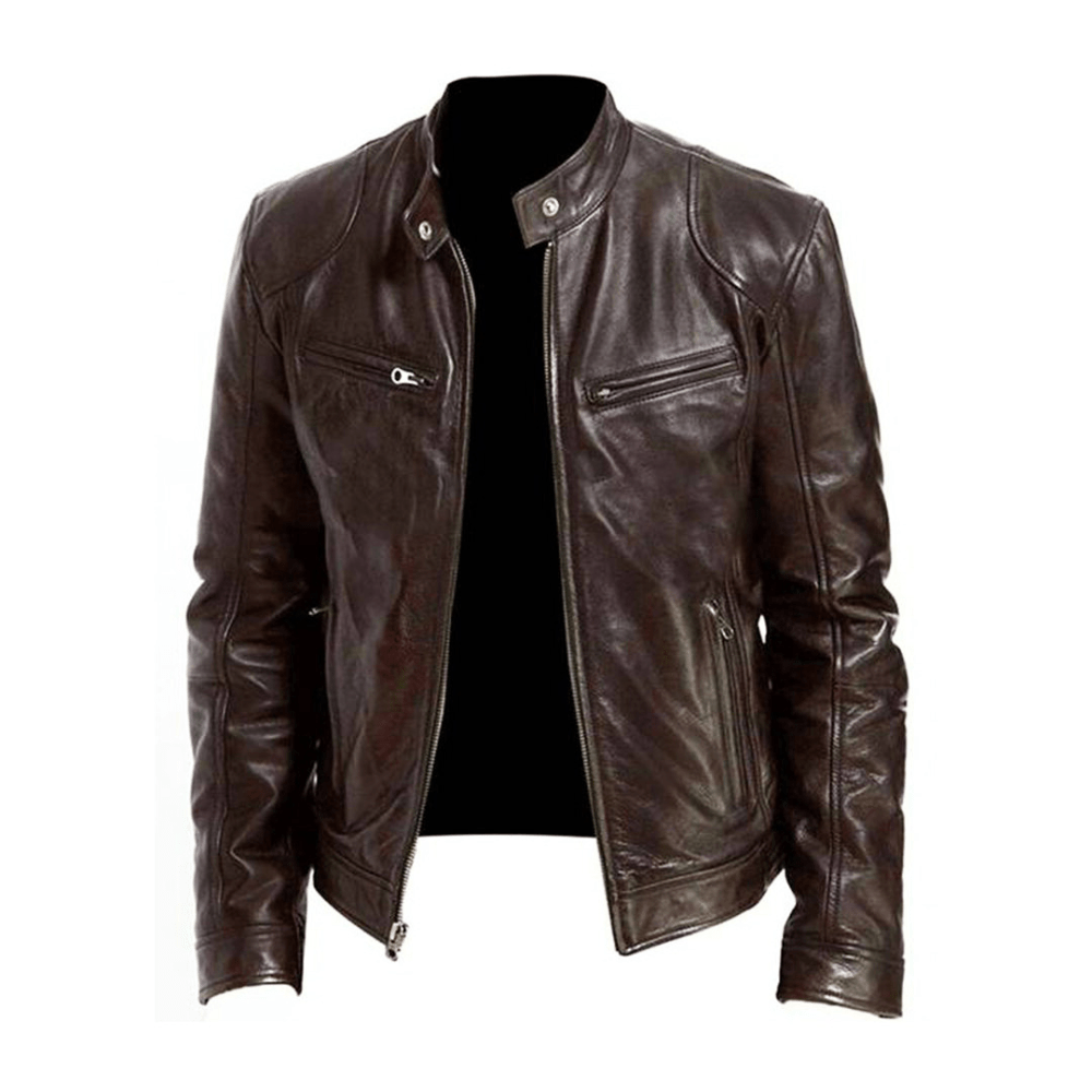 Men's Leather Racer Coat with Band Collar