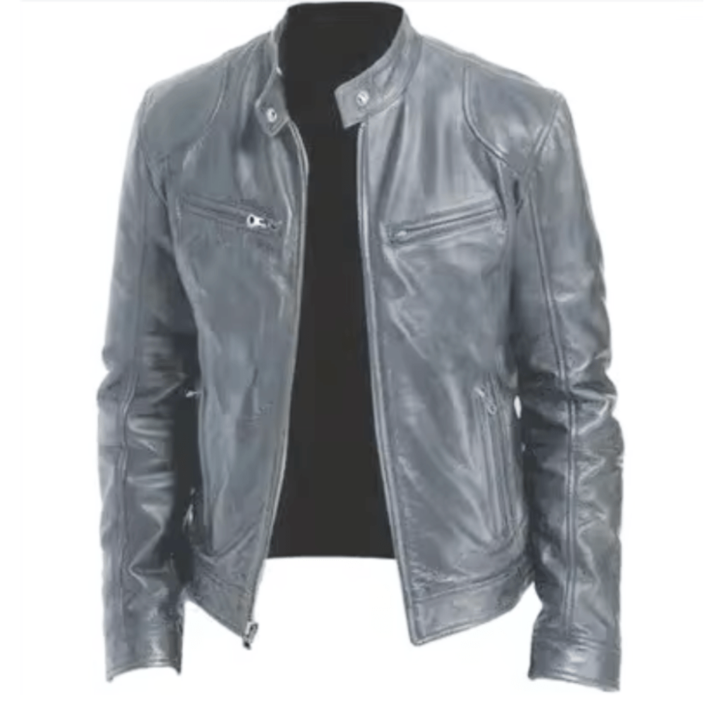 Men's Leather Racer Coat with Band Collar