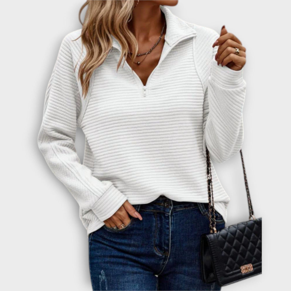Women's Half-Zip V-Neck Ribbed Knit Pullover