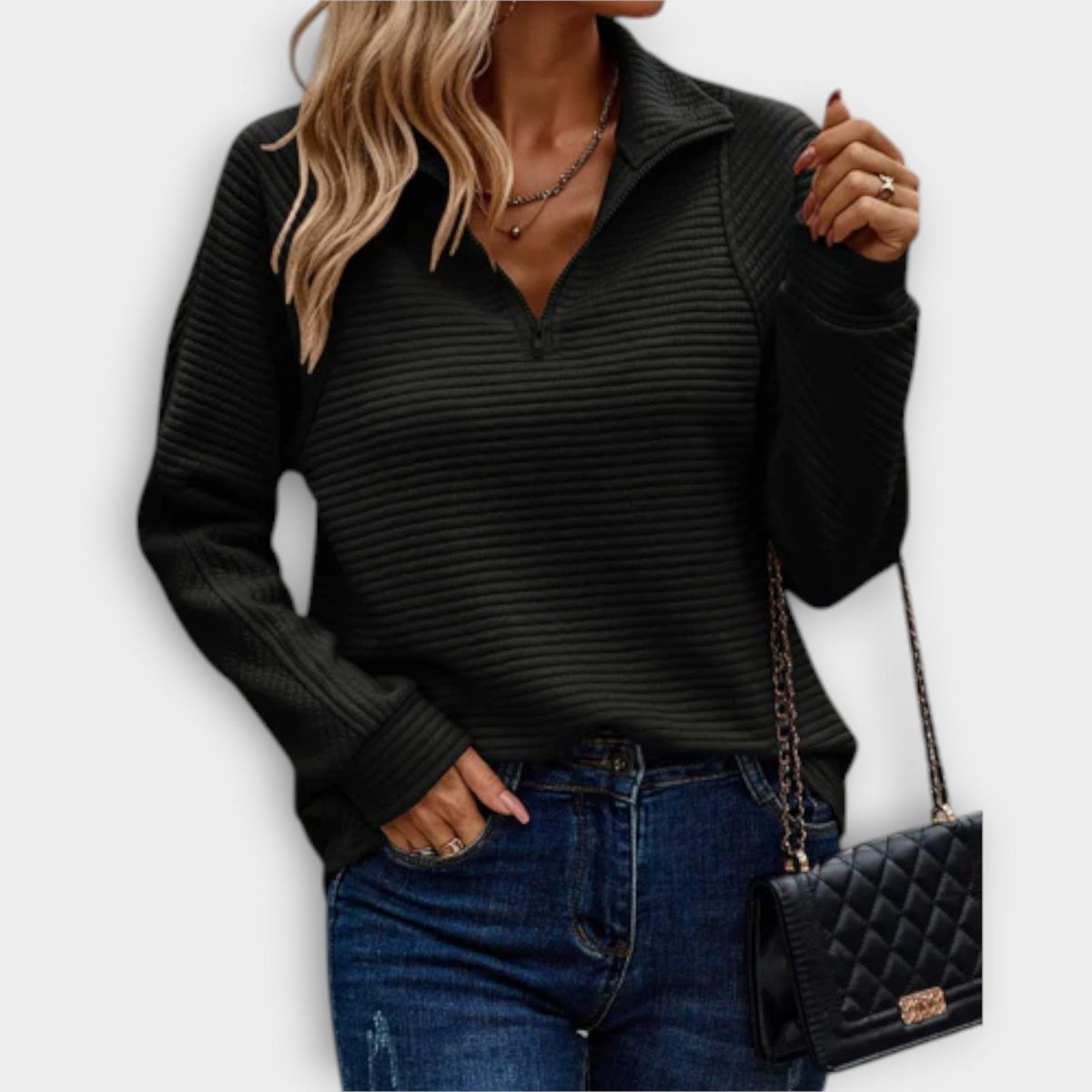 Women's Half-Zip V-Neck Ribbed Knit Pullover