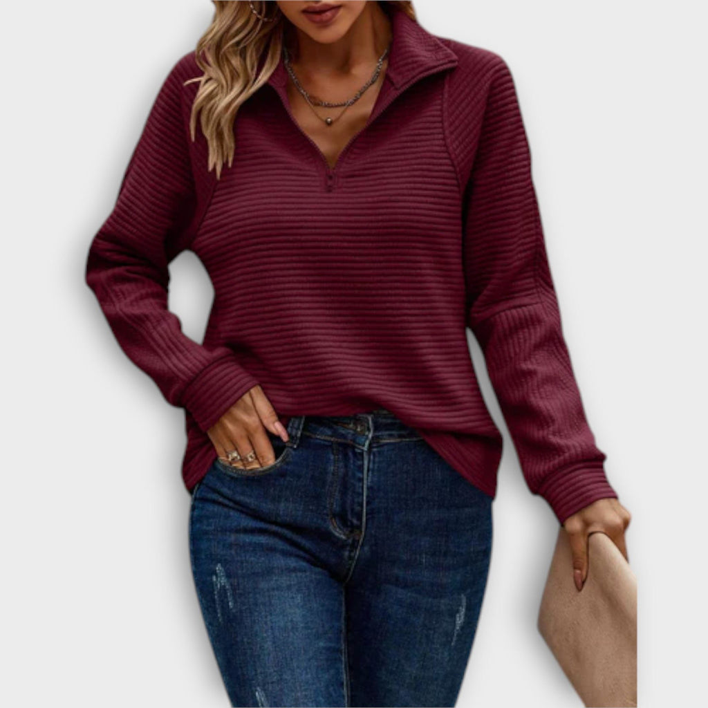 Women's Half-Zip V-Neck Ribbed Knit Pullover