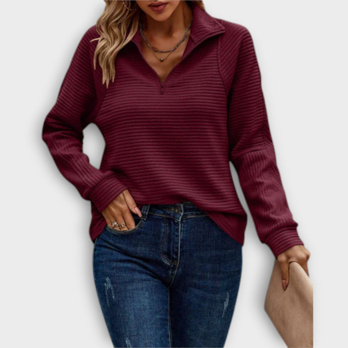 Women's Half-Zip V-Neck Ribbed Knit Pullover
