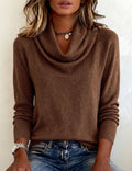 Women's Ribbed Cowl Neck Knit Pullover with Snug Cuffs