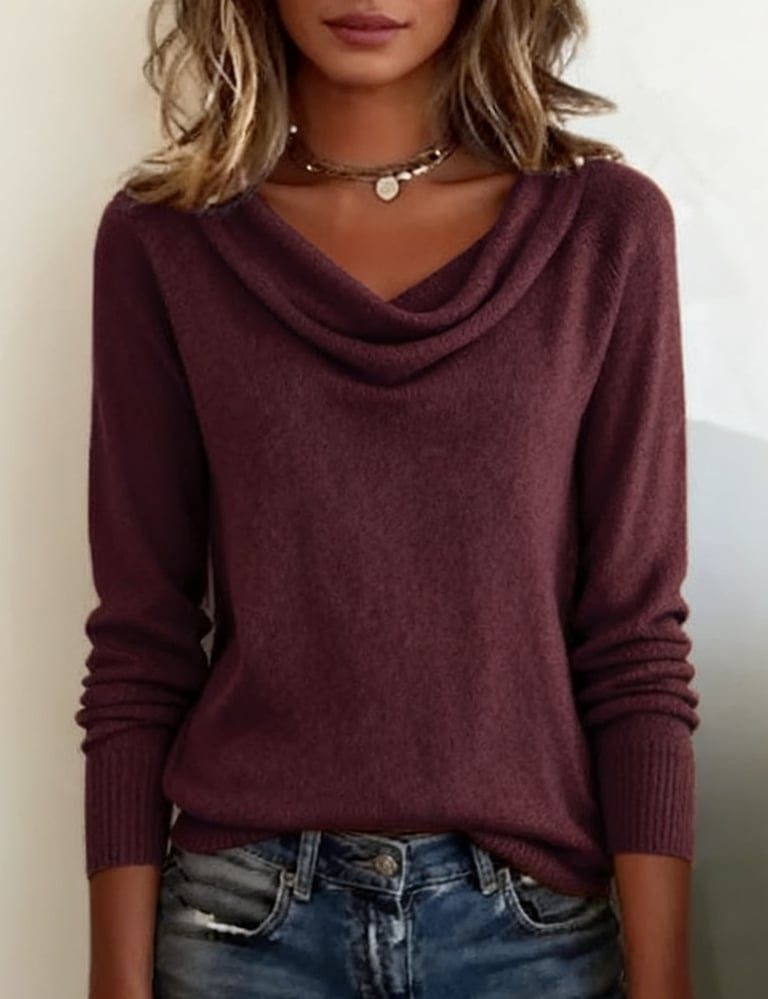 Women's Ribbed Cowl Neck Knit Pullover with Snug Cuffs