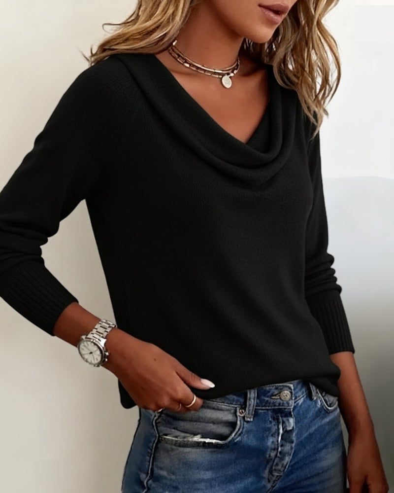 Women's Ribbed Cowl Neck Knit Pullover with Snug Cuffs