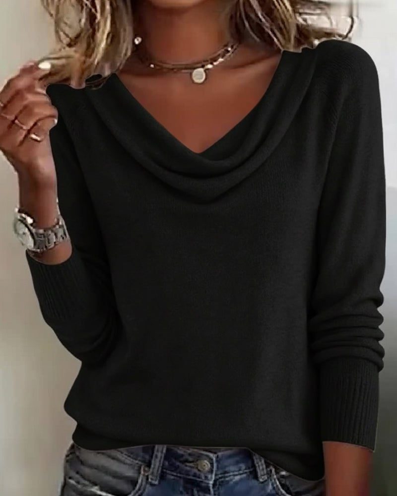 Women's Ribbed Cowl Neck Knit Pullover with Snug Cuffs