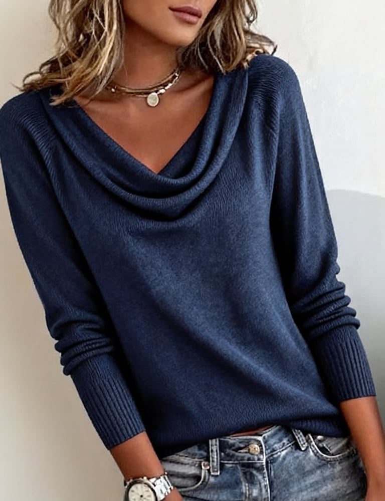 Women's Ribbed Cowl Neck Knit Pullover with Snug Cuffs