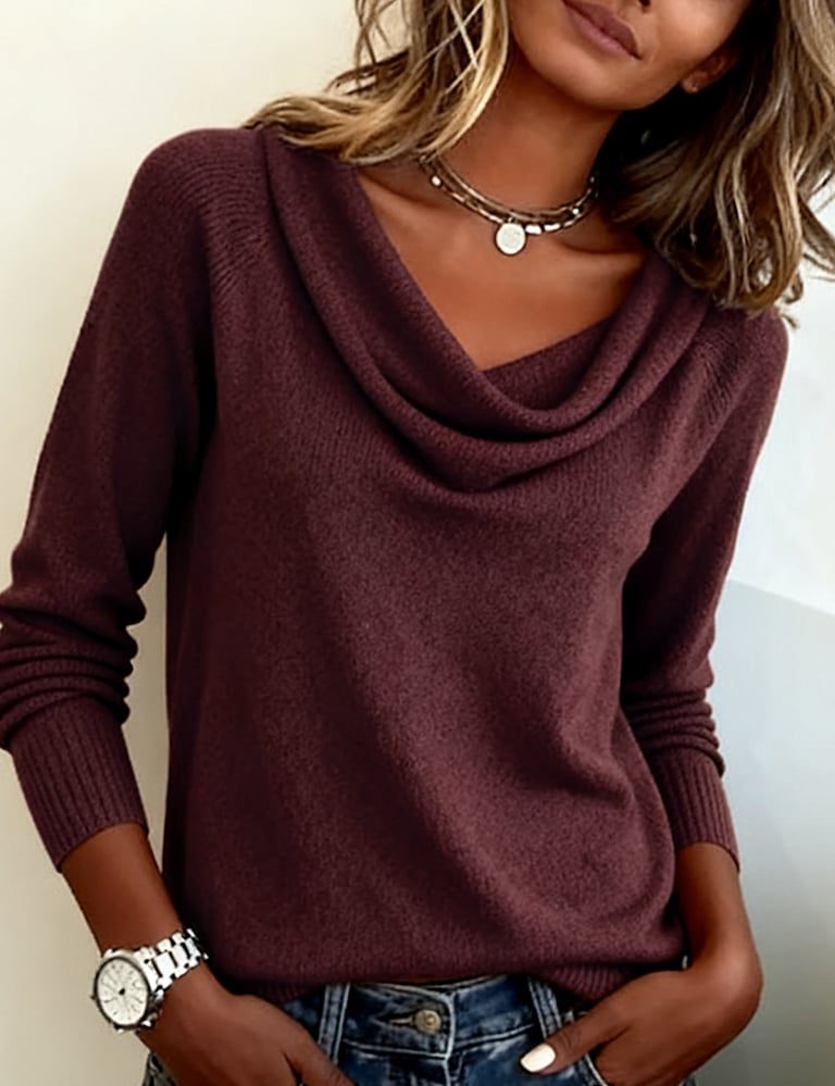 Women's Ribbed Cowl Neck Knit Pullover with Snug Cuffs
