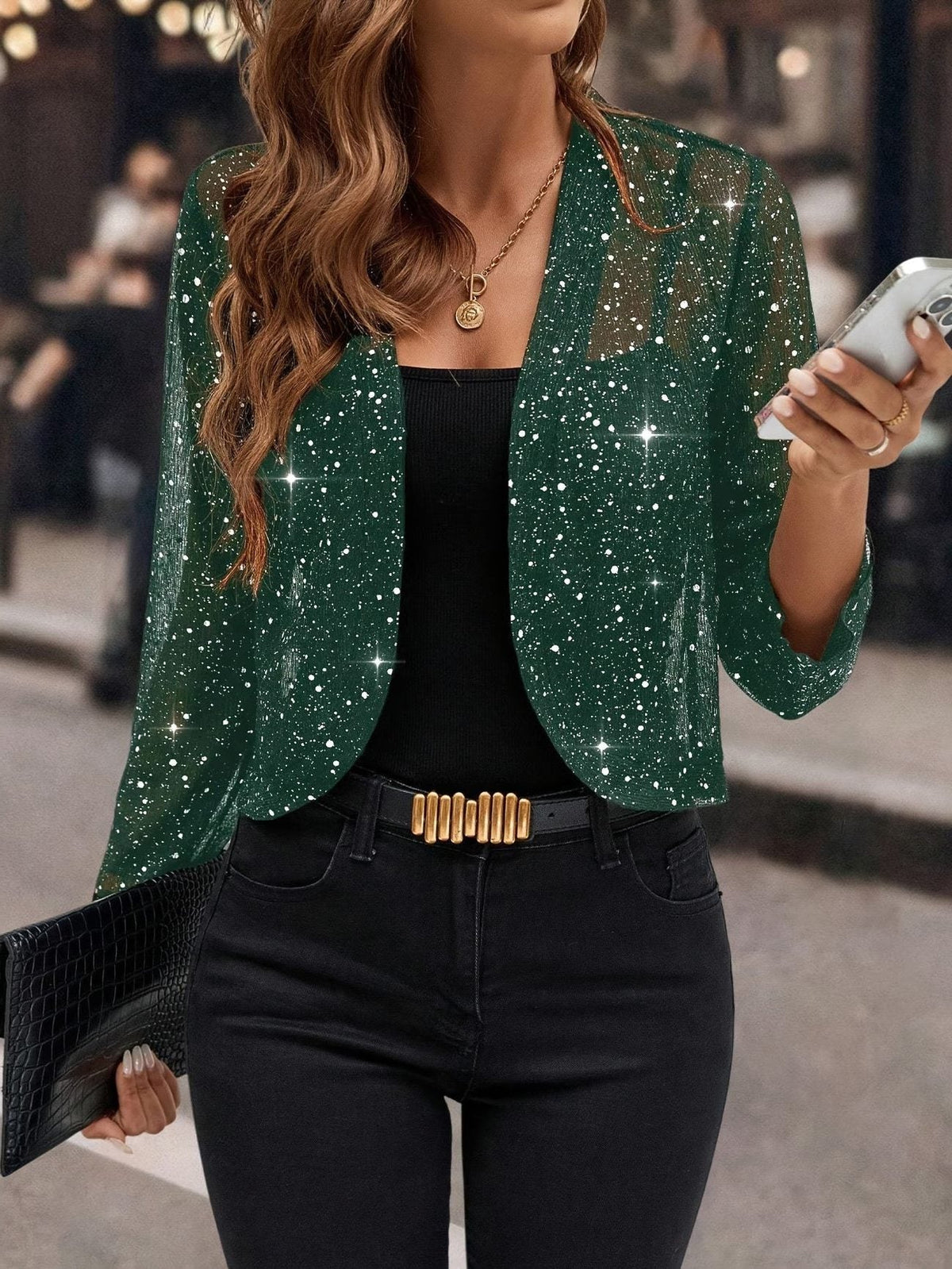 Women's Hip-Length Sequin Cardigan with Open Front