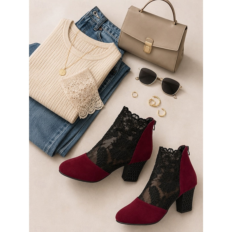 Women's Floral Lace Overlay Block Heel Booties