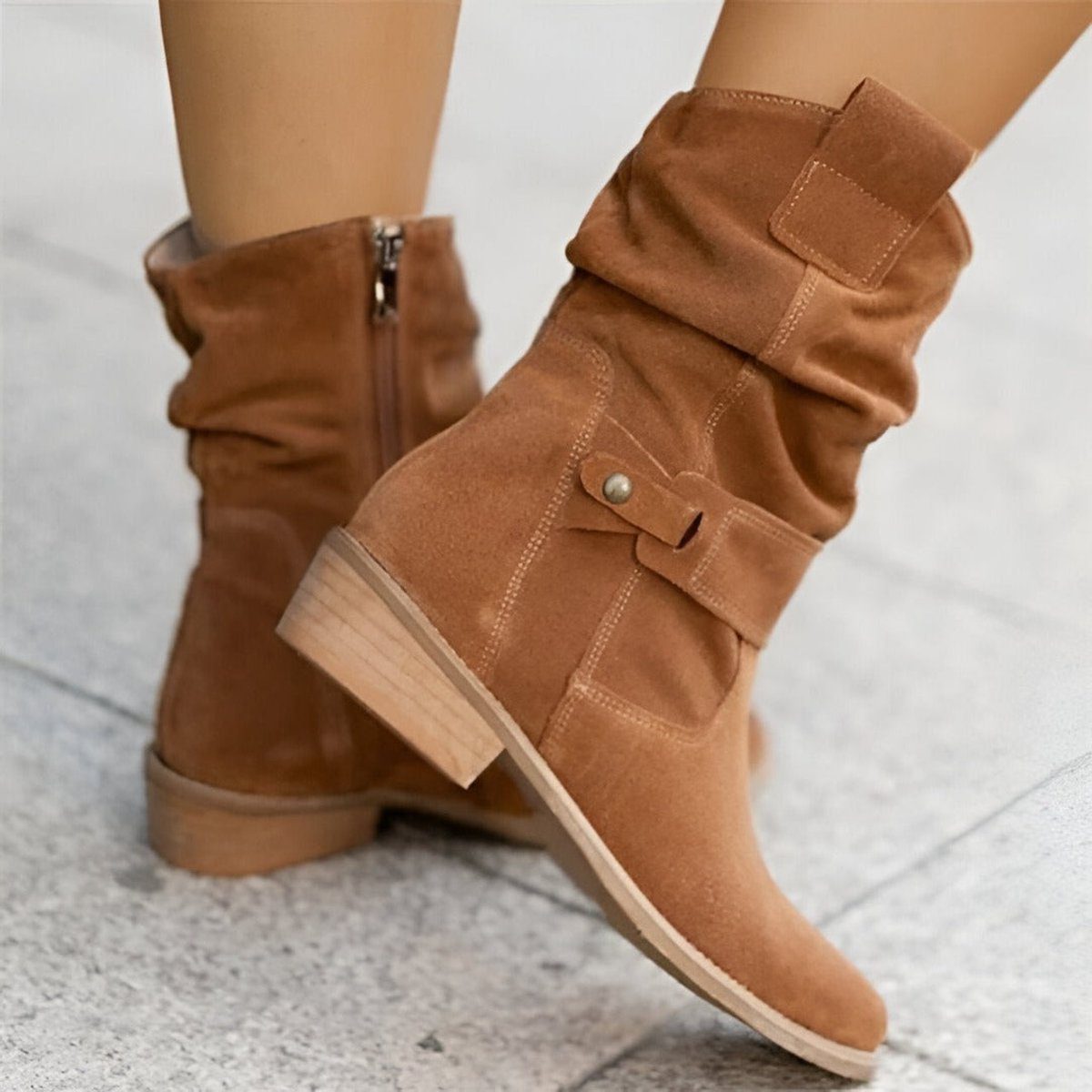 Women's Mid-Calf Boots with Slouched Shaft and Block Heel