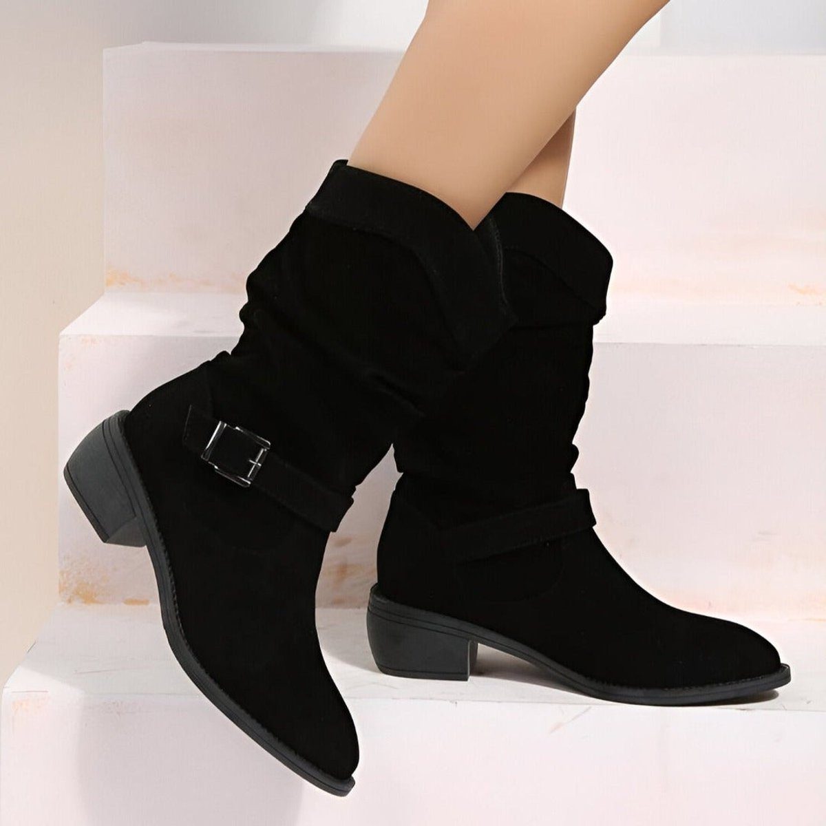 Women's Mid-Calf Boots with Slouched Shaft and Block Heel