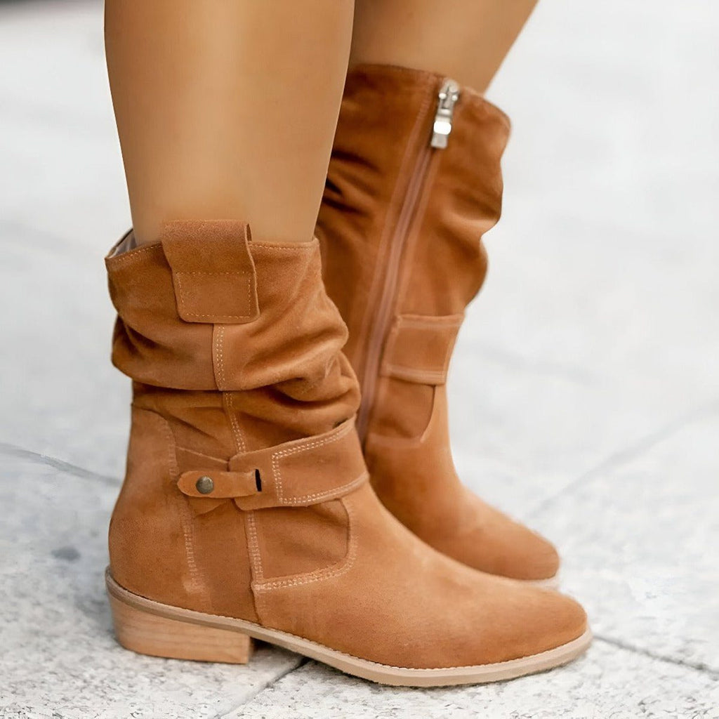 Women's Mid-Calf Boots with Slouched Shaft and Block Heel