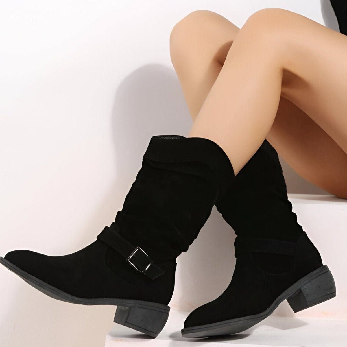 Women's Mid-Calf Boots with Slouched Shaft and Block Heel