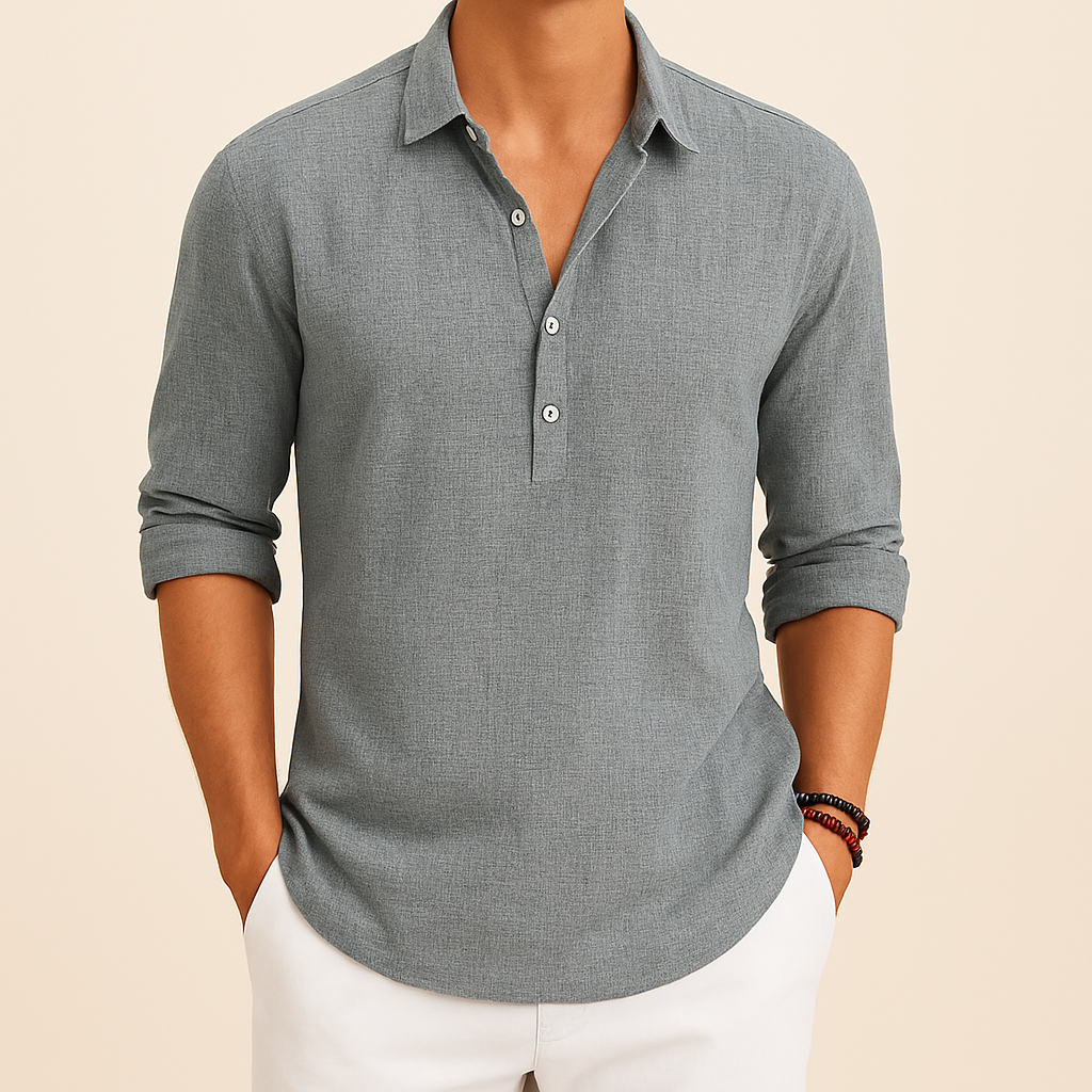 Men's Soft Textured Long Sleeved Button-Neck Polo