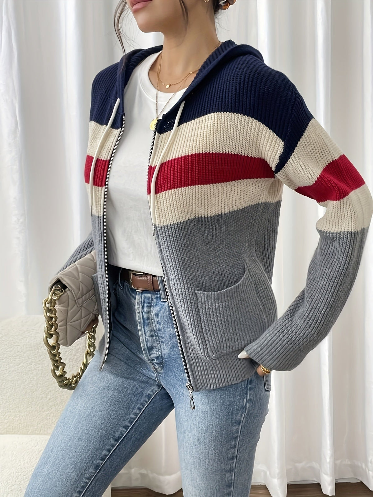 Women's Hooded Ribbed Knit Full-Zip Layering Cardigan