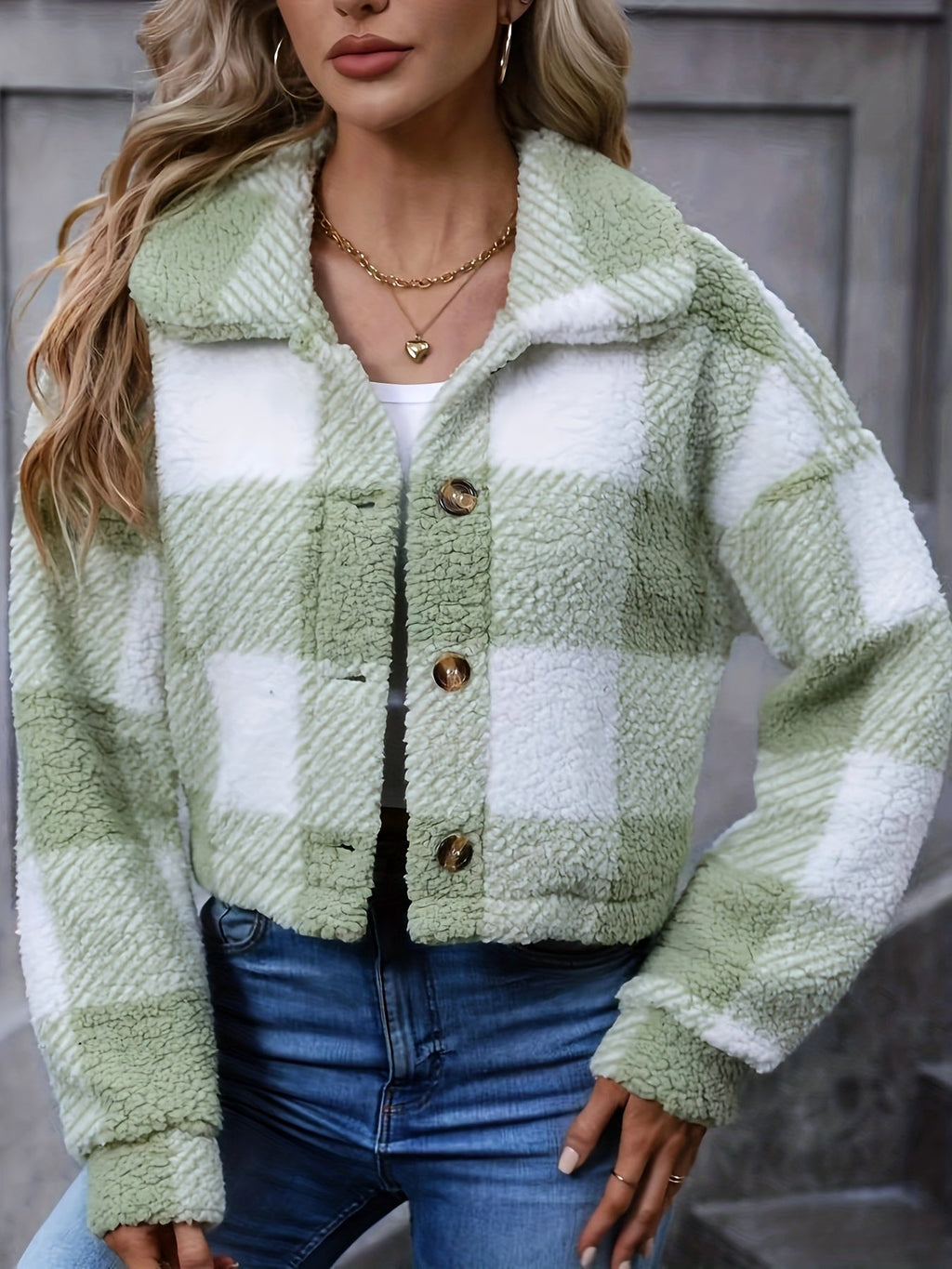Women's Short Plaid Button-Up Coat