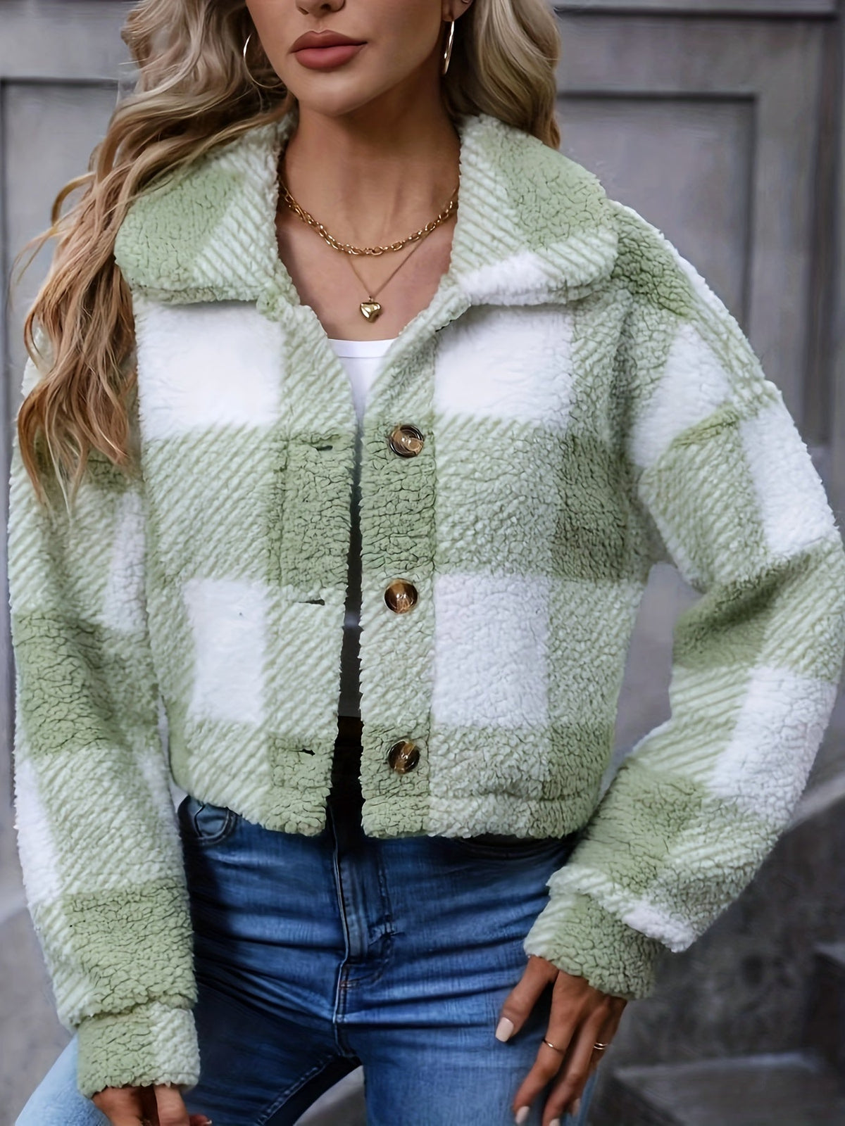 Women's Short Plaid Button-Up Coat