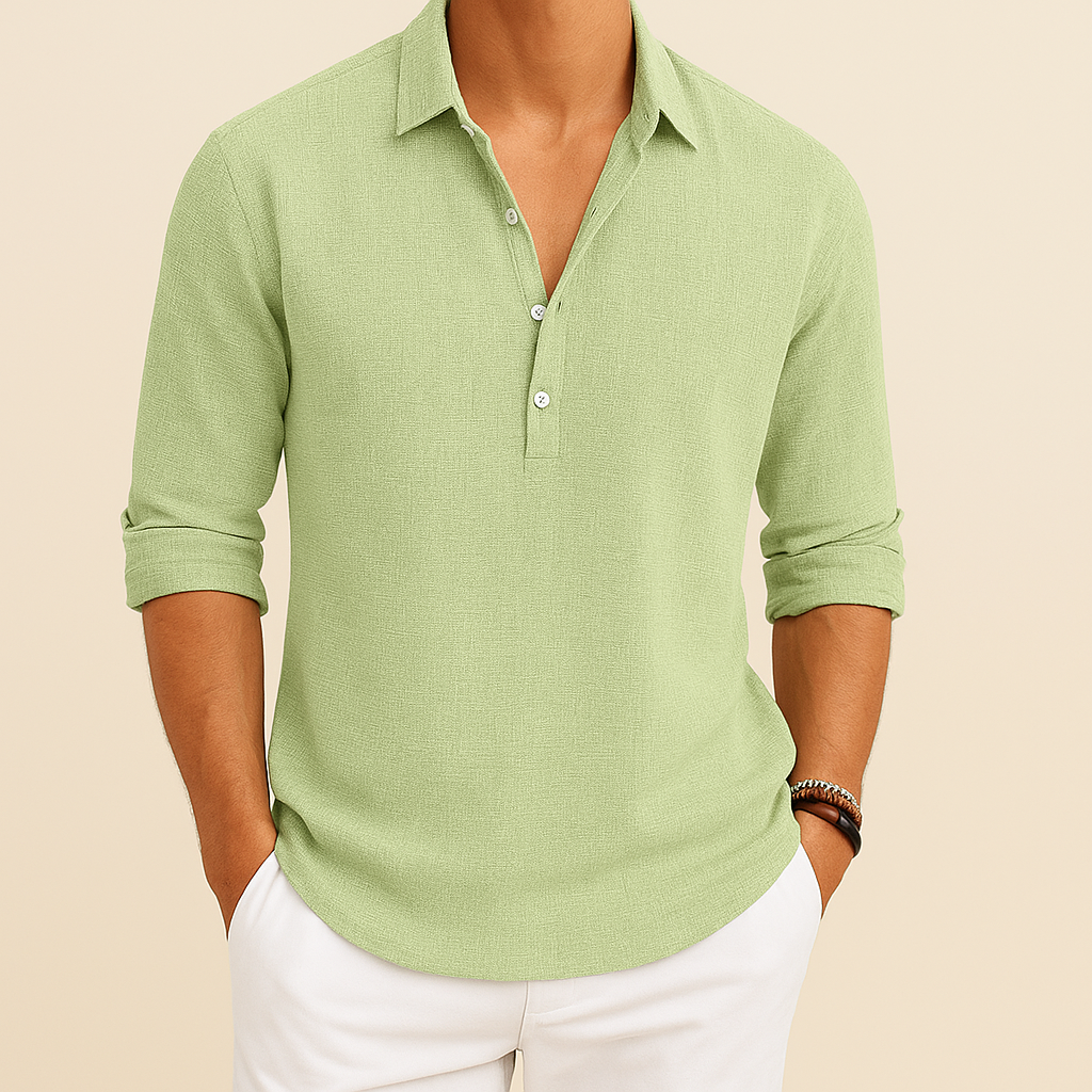 Men's Soft Textured Long Sleeved Button-Neck Polo