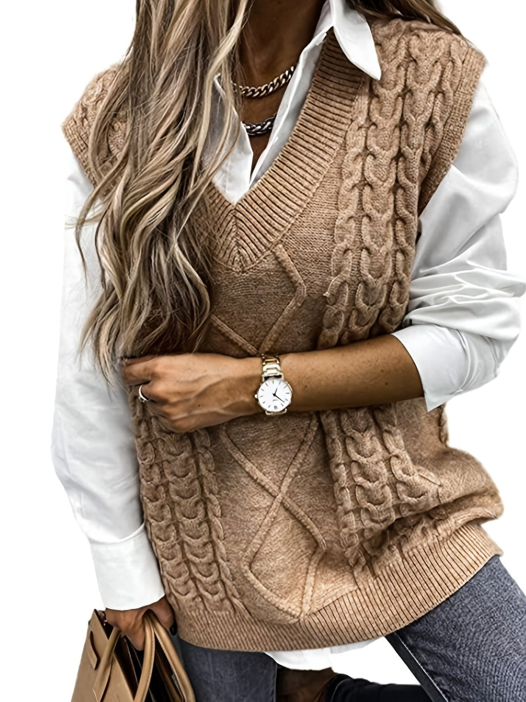 Women's V-Neck Cable Knit Sleeveless Sweater Vest